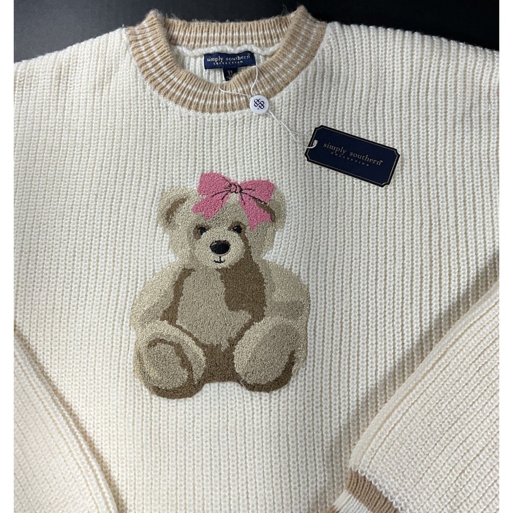 Simply Southern Cream Embroidered Bear Pink Bow Sweater Women's XL - Picture 5 of 9